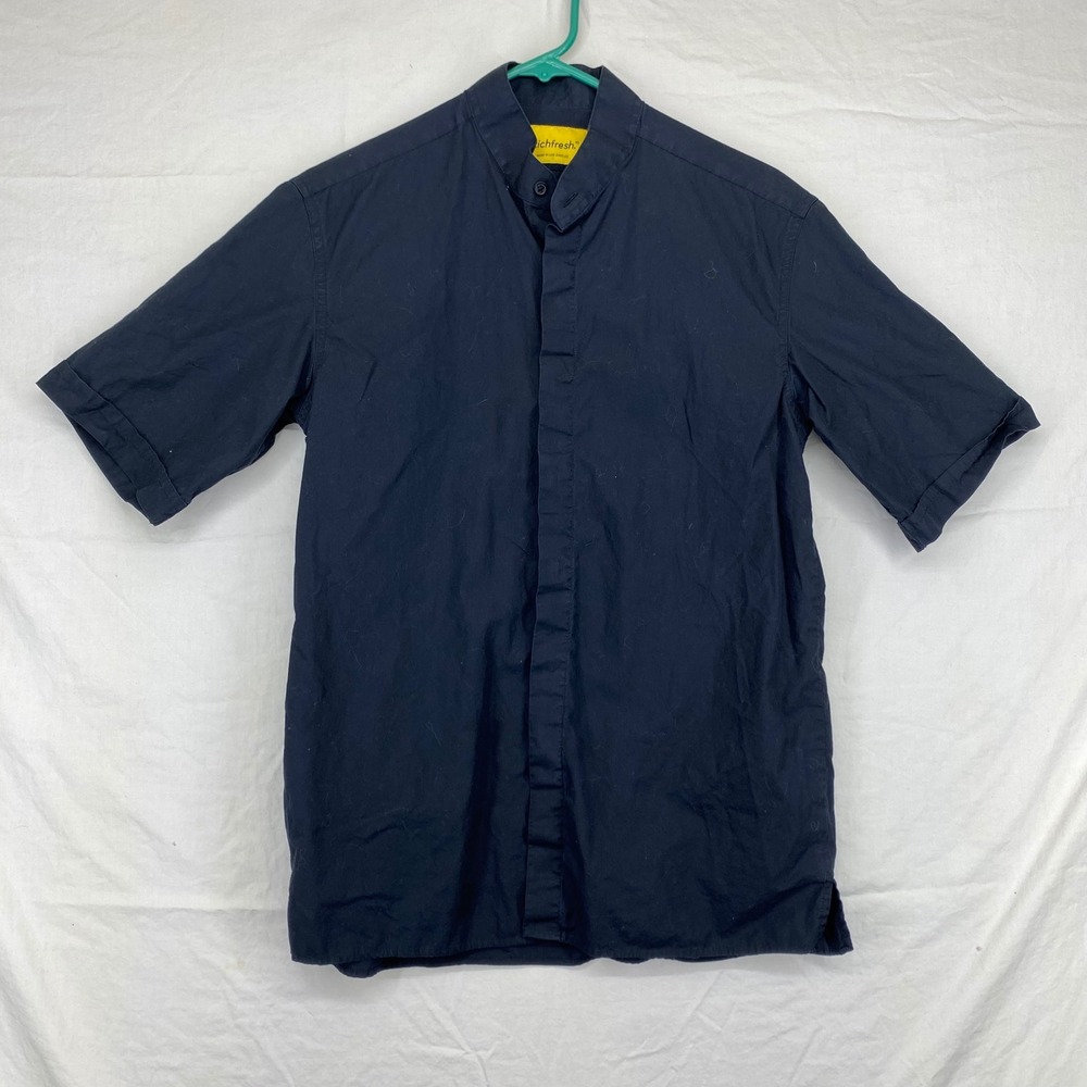 Richfresh Mens Navy Blue Mandarin Collar Short Sleeve Hidden Button Shirt LA